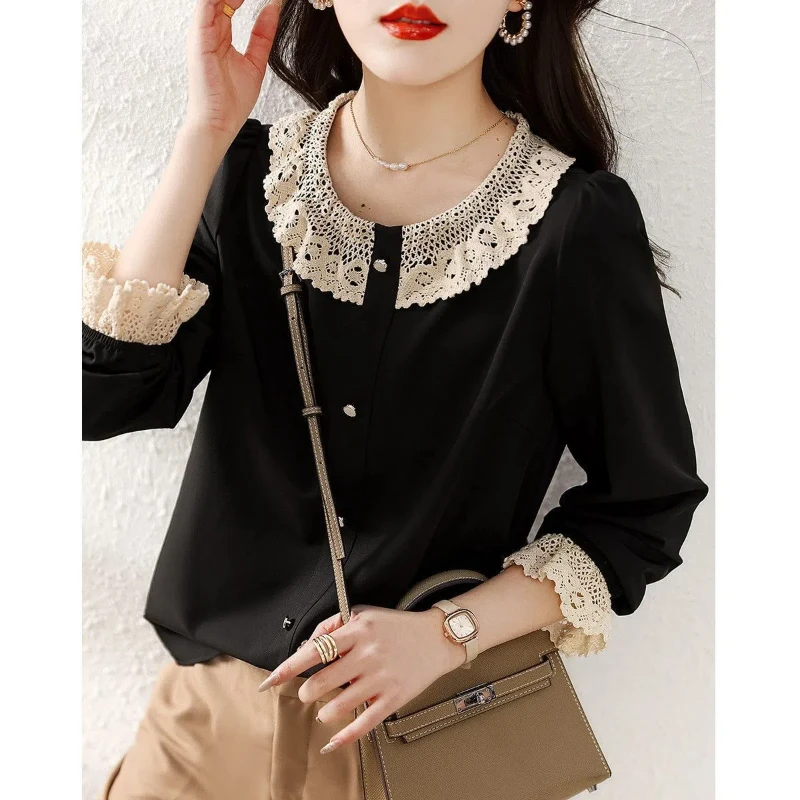 Peter Pan Collar Lace Patchwork Solid Button Women\'s Pullover Long Sleeve Chiffon T-shirt Loose Elegant Spring Autumn Tops