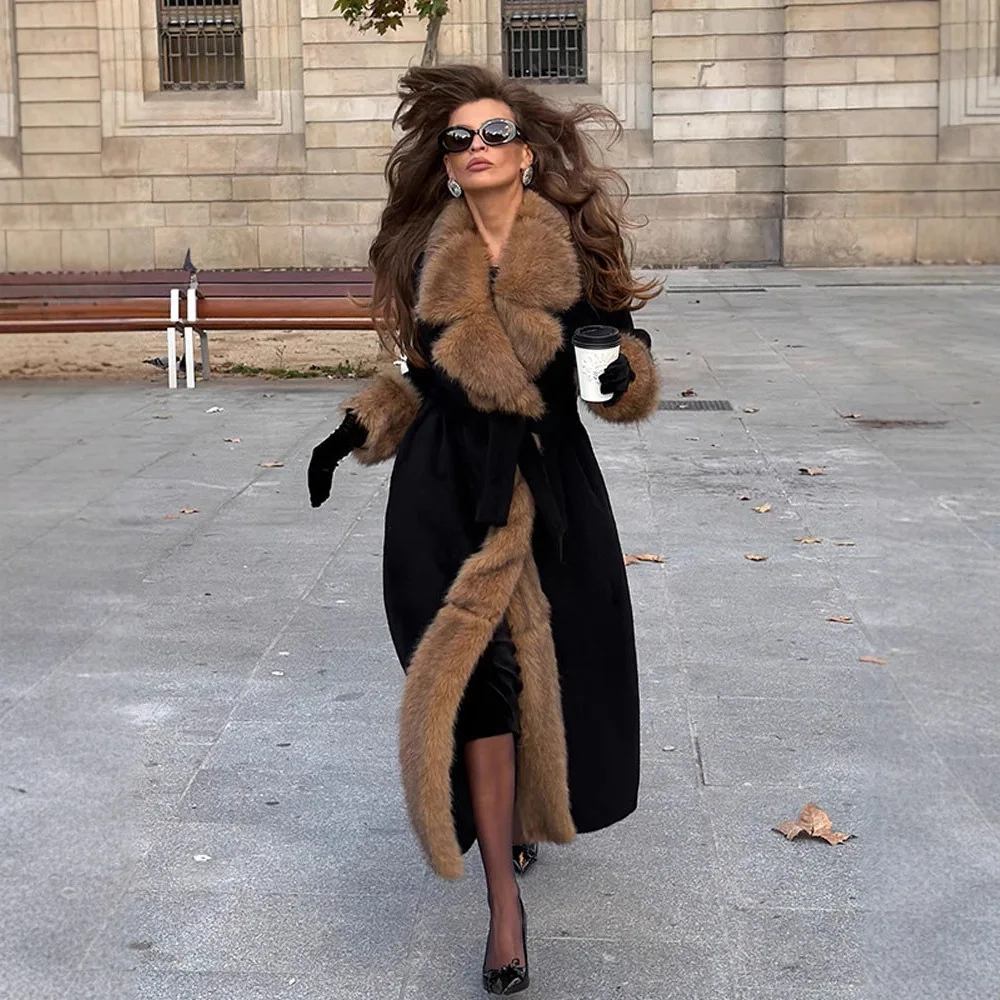 European Fashion Autumn and Winter Long Coat for Women Faux Fur Collar Cuffs Front Placket Decoration Waist Cinching Woolen Coat