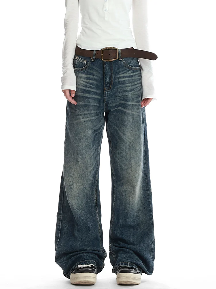 

plus Size American Style Retro Washed Straight Leg Jeans Women Loose Spicy Slimming Casual Wide Leg Long Pants