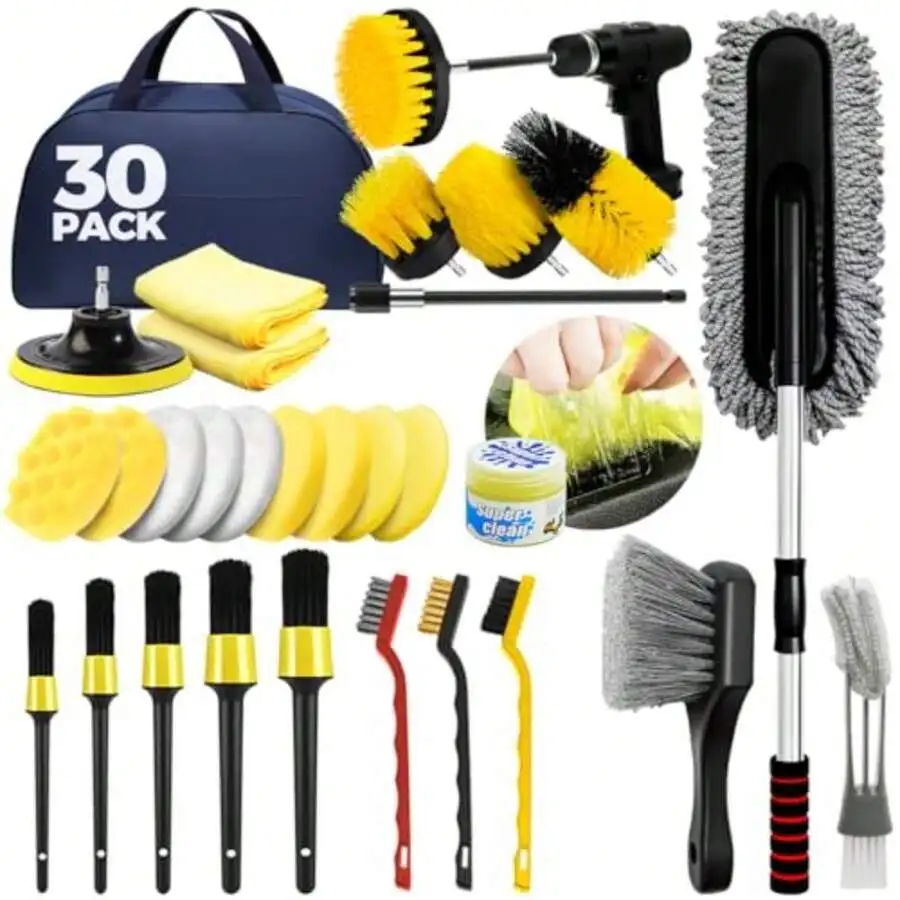 

30Pcs Car Detailing Kit With Brushes, Duster, Sponge, Microfiber Cloths And Cleaning Gel For Interior Exterior Wheels