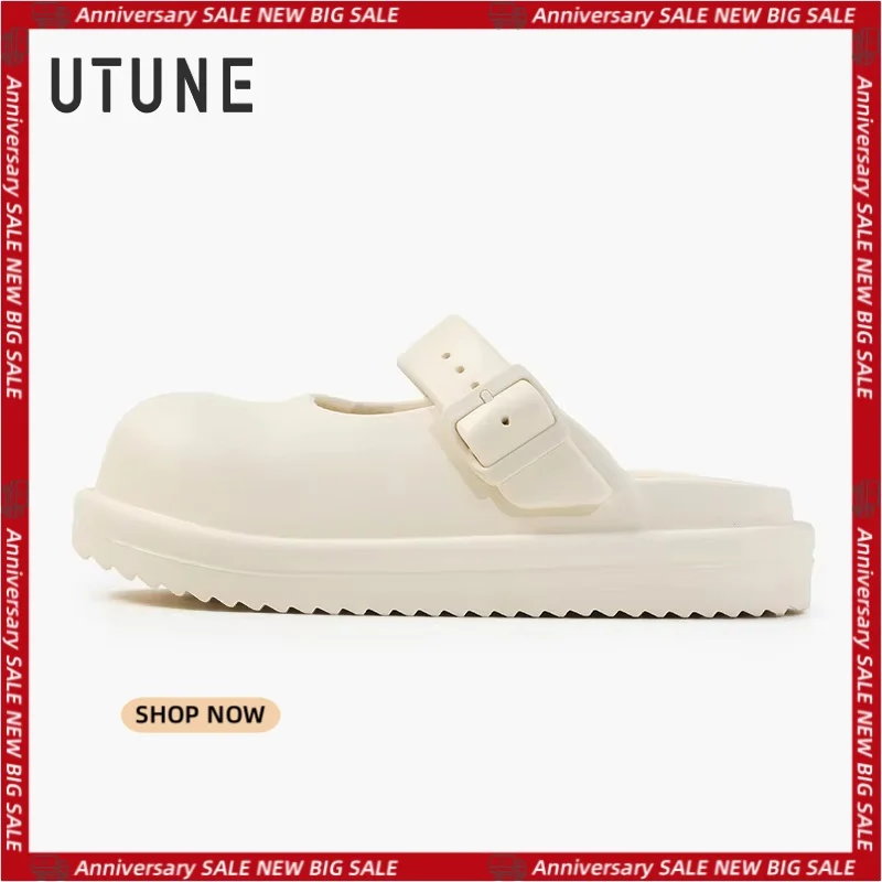 

UTUNE Cute Mary Jane Shoes for Women Breathable Perforated Design EVA Beach & Camping Non-Slip Sandals Trendy Cream White Slide