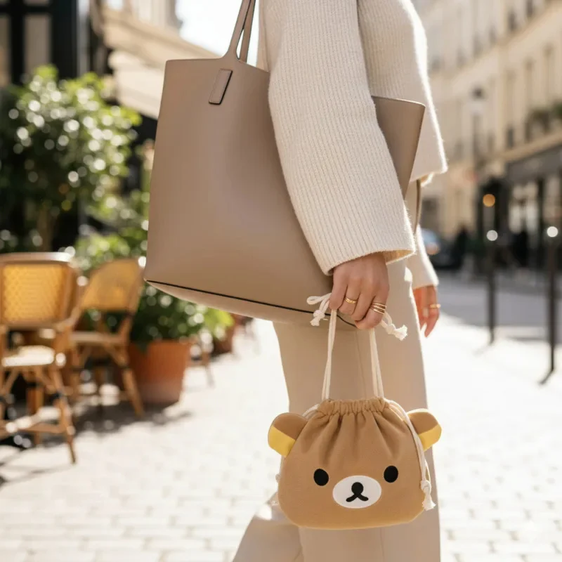 

Cute Rilakkuma Plush Drawstring Bag Large Capacity Kawaii Storage Pouch For Cosmetic Camera Travel Daily Organizer Bag Unisex