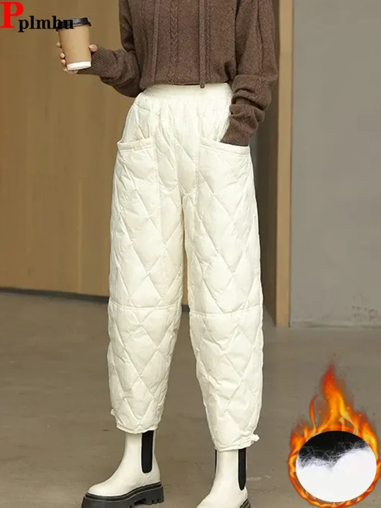 

Winter Baggy Down Cotton Harem Pants Casual Warm Fluffy Quilted Pantalones Elastic High Waist Thick Ankle Length New Trousers