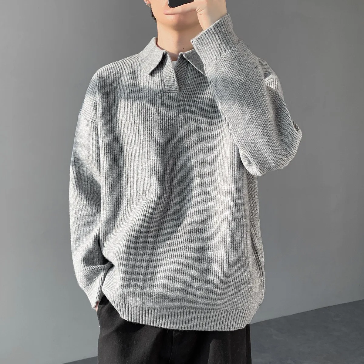 

Американский повседневный вязаный свитер Long Sve, мужской свободный однотонный вязаный свитер с верхней частью, осенне-зимний тренд