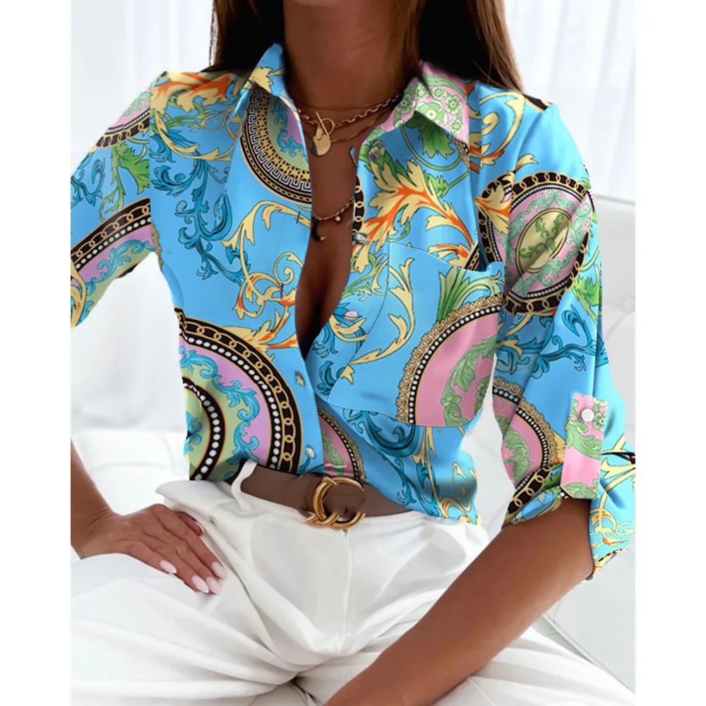 Spring And Autumn Women's Fashion Printed Button Shirts Elegant Women's Lapel Long Sleeve Pockets Casual French Blouse