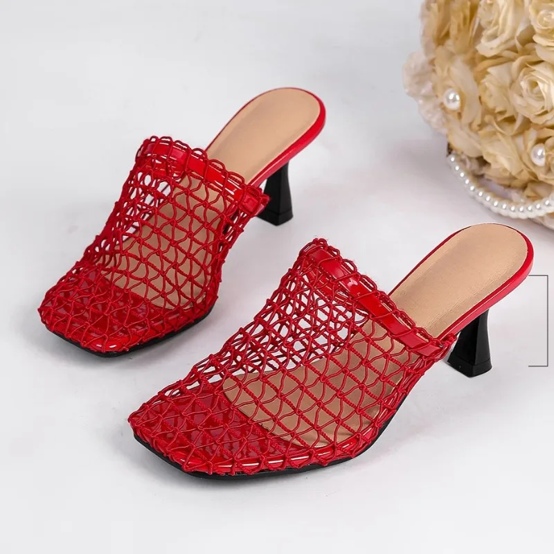 

Mesh Designer Women's Sandals Summer 2026 Square Toe Mules Shoes Red Fashion Brand Breathable Backless Women High Heels Slippers