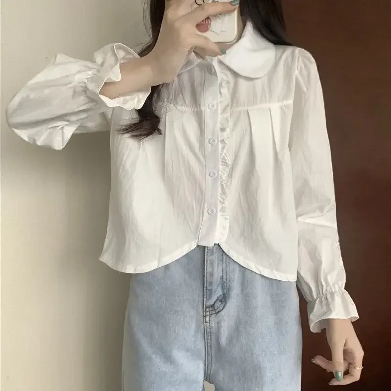 قمصان نسائية بأكمام طويلة من القطن بأزرار سفلية فضفاضة تناسب الياقات الفرنسية الأنثوية الأنيقة الرومانسية Preppy الشبابية اليومية