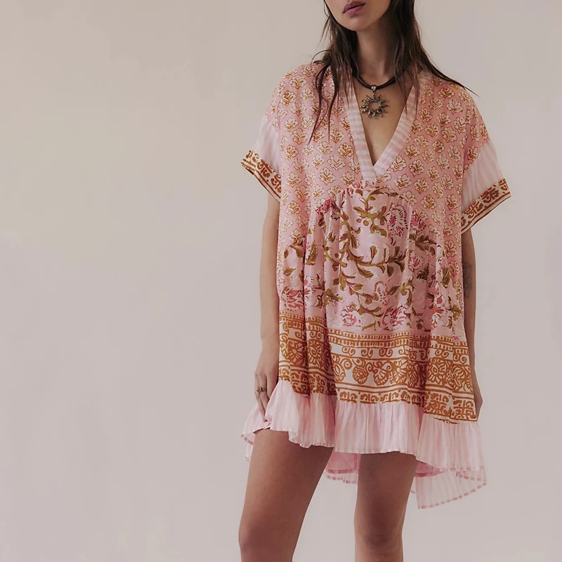 Women Boho Floral Babydoll Mini Dress Y2k Puff Sleeve Ruffle Flowy Hem Casual Short Dress Cute Summer V Neck Patchwork Sundress