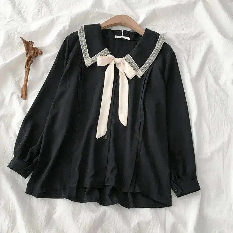 Korean Fashion Shirts Women Blouses Shirts Students Peter Pan Collar Loose Leisure Solid Soft Spring Mujer Fahsion Sweet New