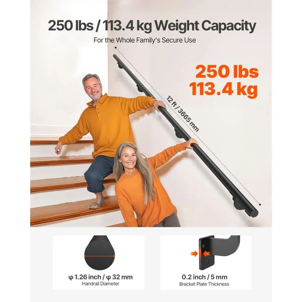 12ft Black Aluminum Wall Mounted Stair Handrail Indoor Outdoor Railing Safety Support