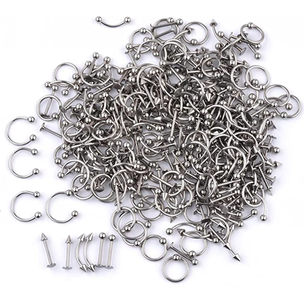 45pcs Piercing Kit Rainbow Surgical Steel Body Piercing Belly Button Tongue Eyebrow Nipple Lip Nose Chi Gauge Silver