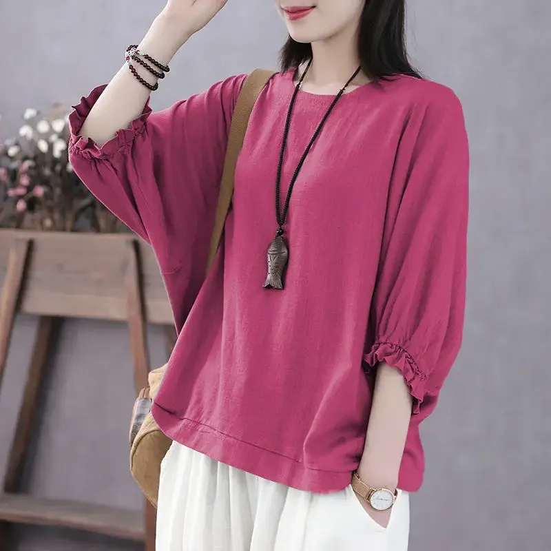 2023 Spring and Summer Women\'s New Solid Commuter Top Round Neck Bat Sleeve Casual Comfortable Versatile 5/4 Sleeve Top