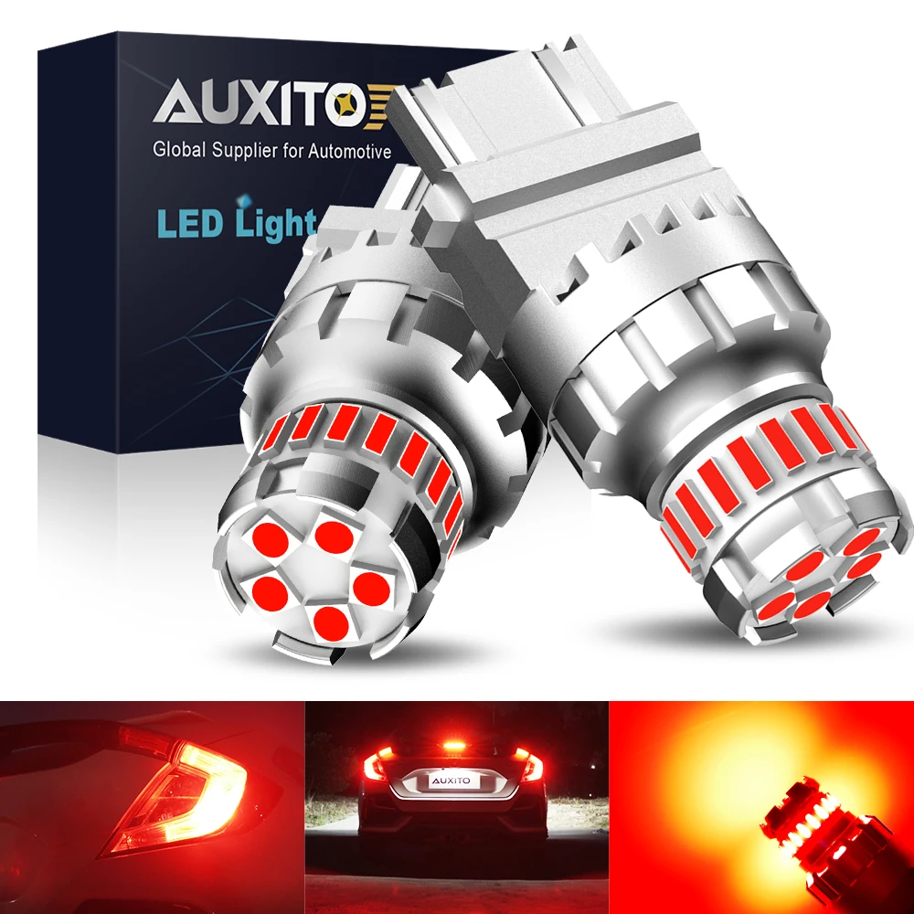 AUXITO 2Pcs T20 7440 W21W 7443 W21/5W Strobe Red Bulb 12V LED Brake Light for Honda Accord Civic Ford F-150 Auto Signal Lamp