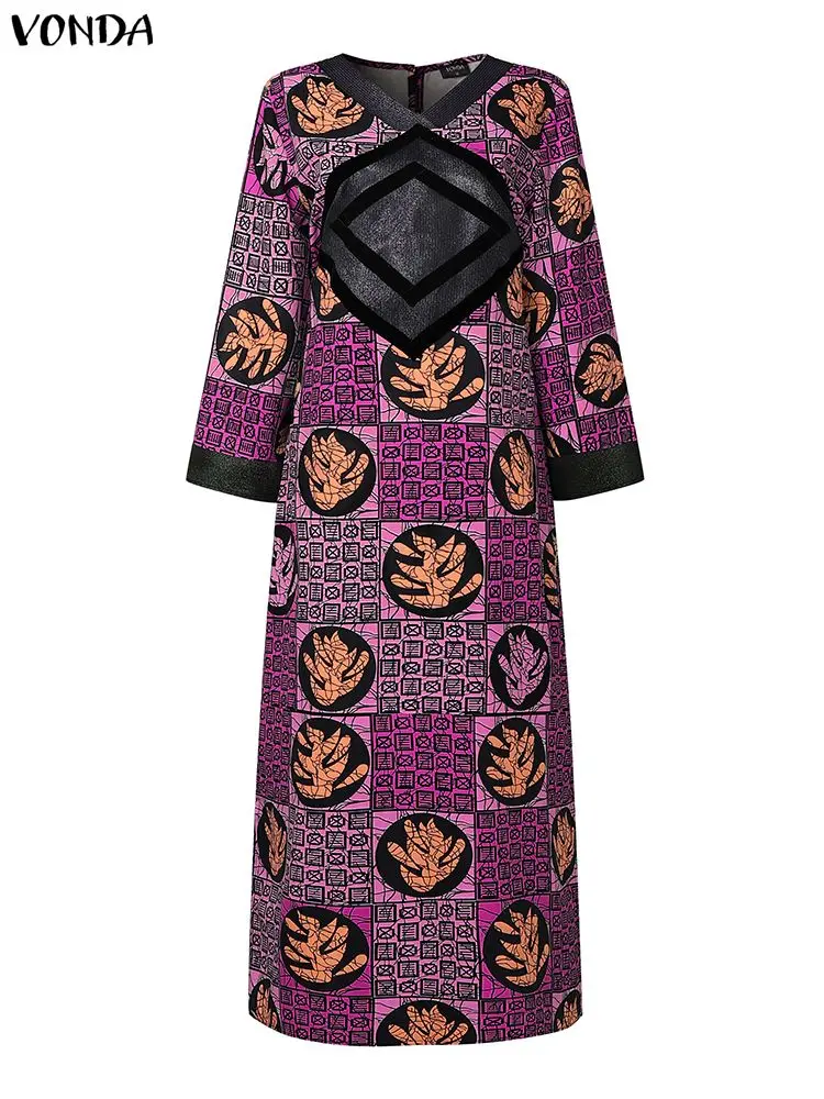 Vonda plus size 5xl vintage impressão vestidos femininos manga longa casual boêmio maxi vestido de verão moda com decote em v oversized festa robe