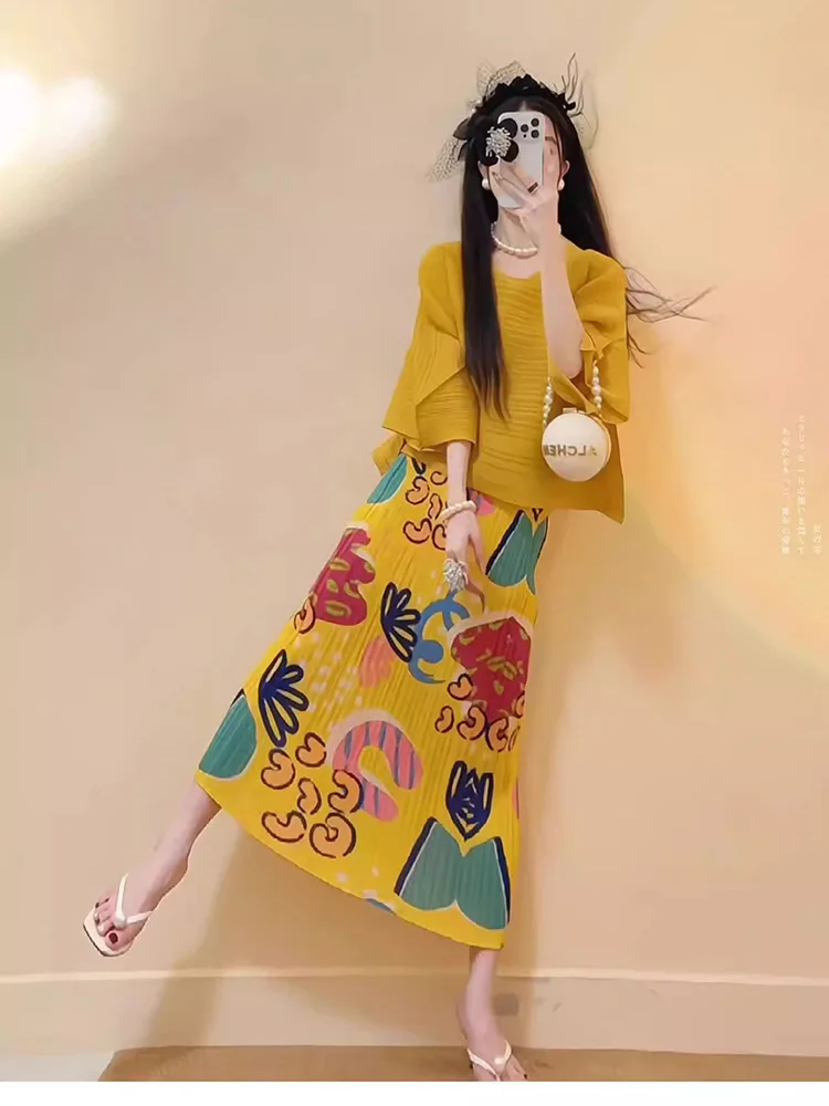 Jupe d'été en soie glacée pour femmes, demi-jupe plissée avec graffitis de dessin animé, Style fin, vacances, une pièce, fleur de plage, SK051