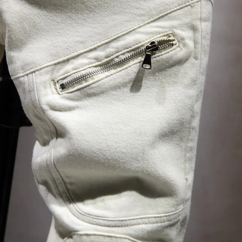 Fashion designer men's high-quality light blue elastic casual retro jeans men's zipper pocket splicing Y2K denim pants