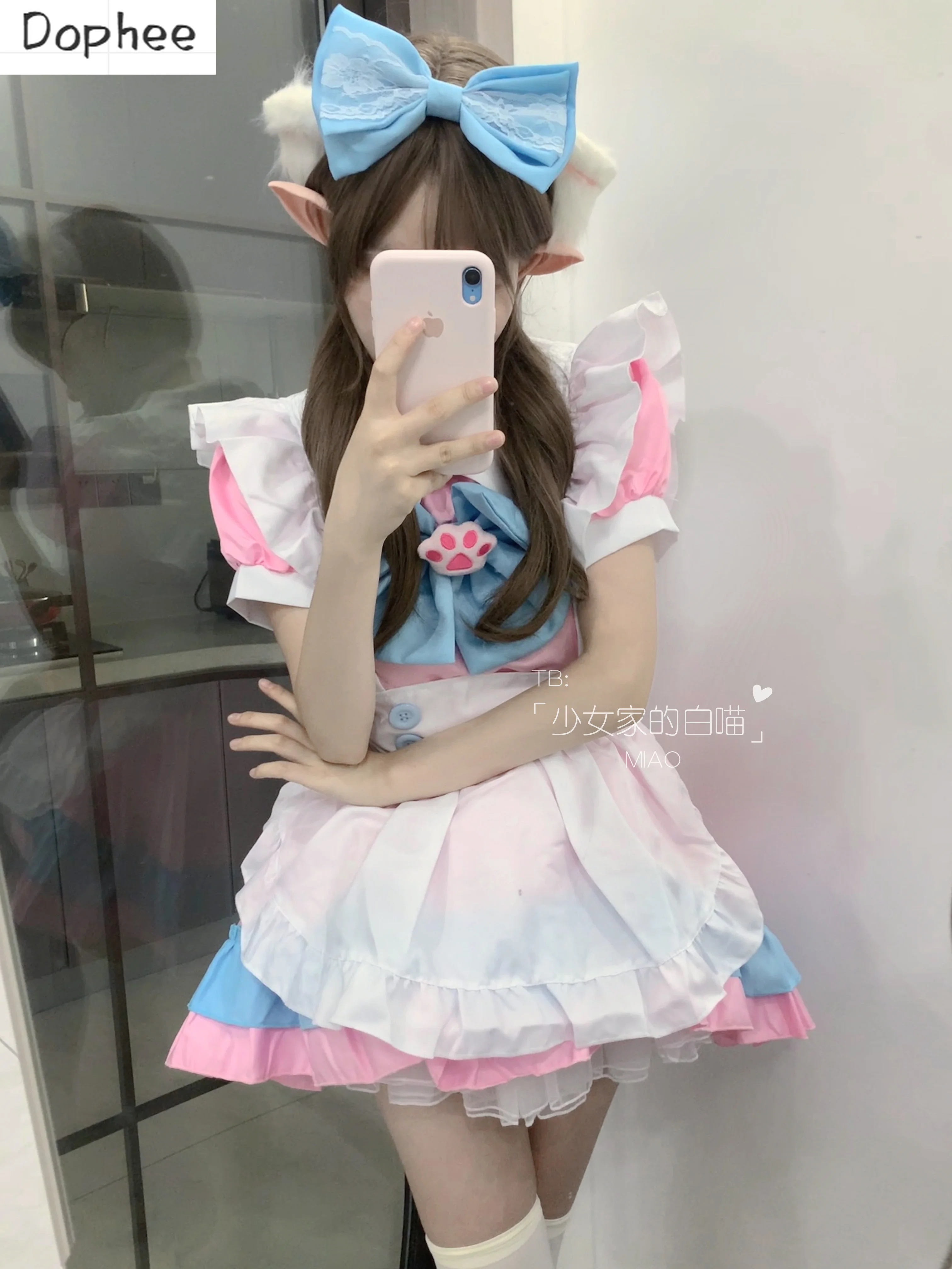 Cat French Maid Cos Pink Sweet Lolita Sets Cosplay Maid Uniform Anime Role Play Lolita Dress Short Sleeve Ruffles Play Costume