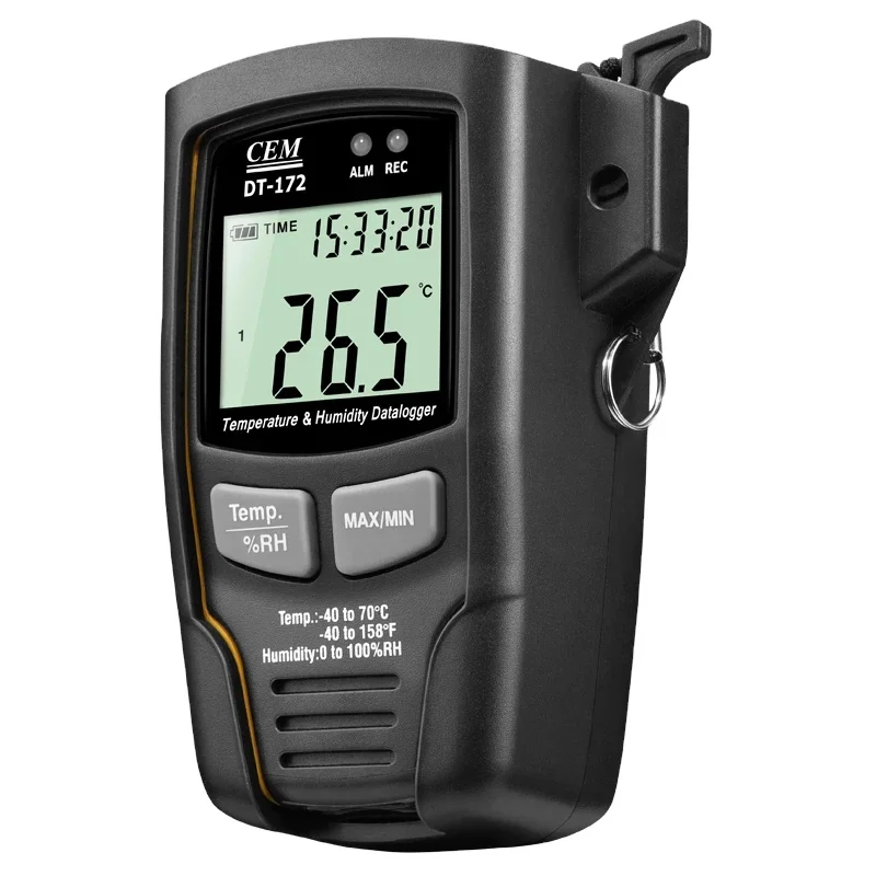 The Beacon Data Logger CEM DT-172 with BT function provides accurate temperature and humidity readings