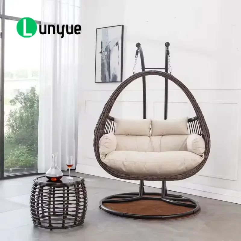 Outdoor Wicker Hanging Swing Chair Double Seat with Cushion for Backyard Porch Relaxation Comfortable Durable Patio Furniture