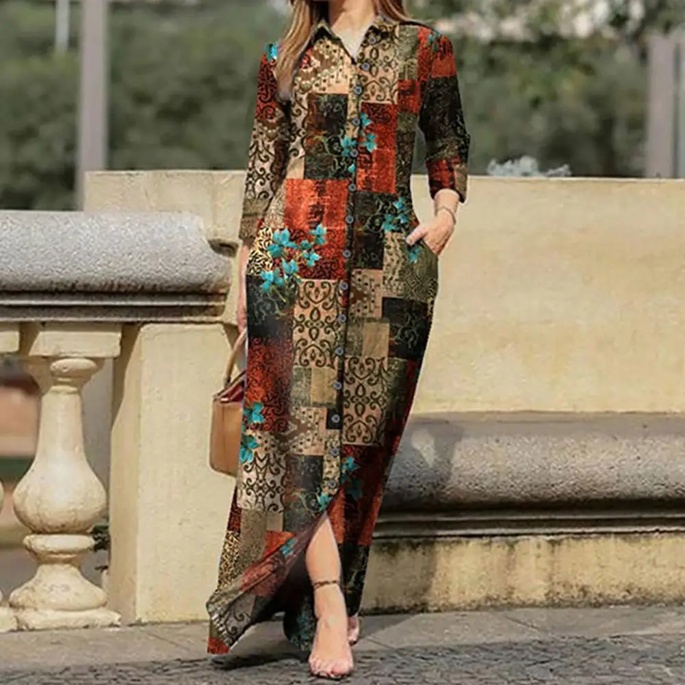 

Amazing Women Dress Slim Youthful Long Dress Boho Retro Print Chiffon Shirt Dress