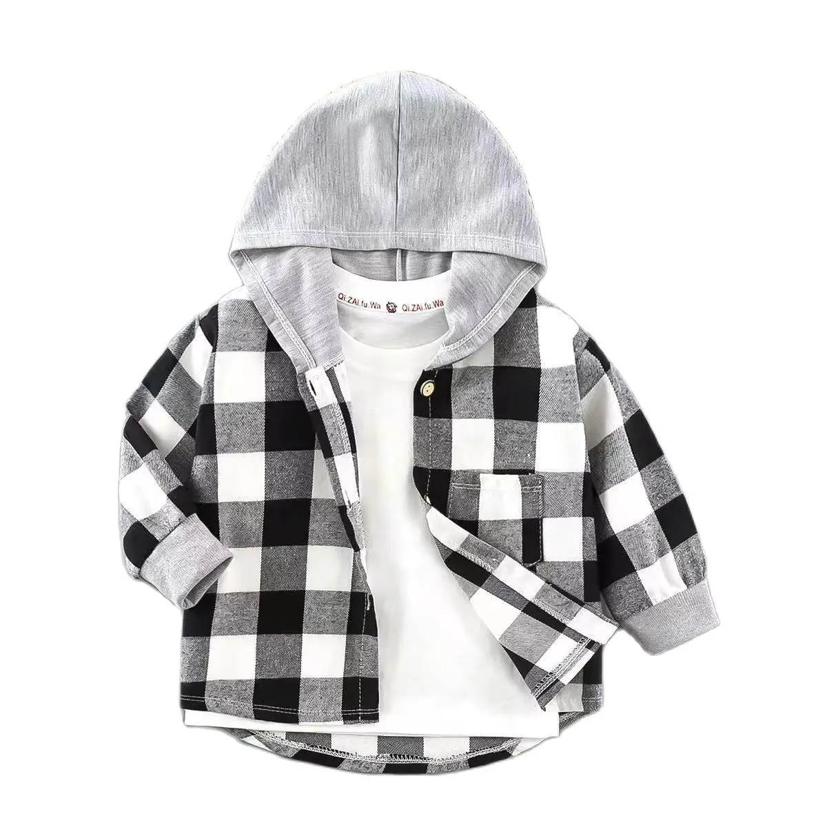 New Baby Boys Hooded Plaid Shirs For Spring Autumn Big Children Clothes Long Sleeve Classic Style Baby Girls Kids Casual Shirts