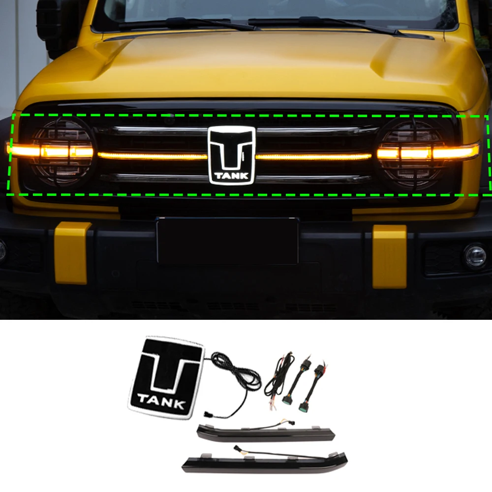 

For 2022-2025 Tank 300 Full LED Front Grille Light Kit with Glowing Logo, Through-type Light Bar & RGB Atmosphere Lights
