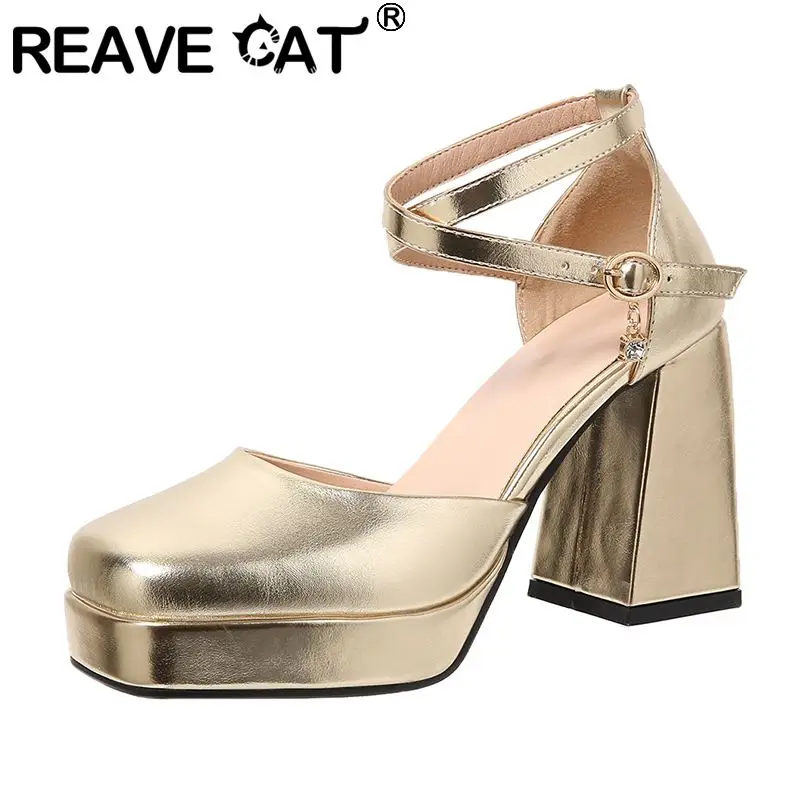 REAVE CAT Sexy Female Pumps Toe Block High Heels Platform Shoes Buckle Strap Size 43 Fashion Dating Party Shoes