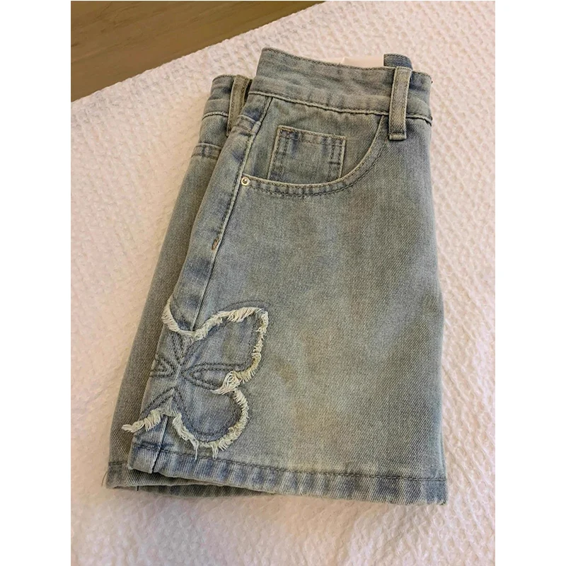 

Summer Korean Fashion Distressed High Waist Denim Short Skirt Female All-match Patchwork Bufferfly Slim Vintage A-line Skirt