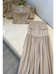 French Small Fragrance 2 Piece Sets Women Single Breasted Top Pleated Long Skirt Set Korean Elegant Fashion OL Two Piece Suits