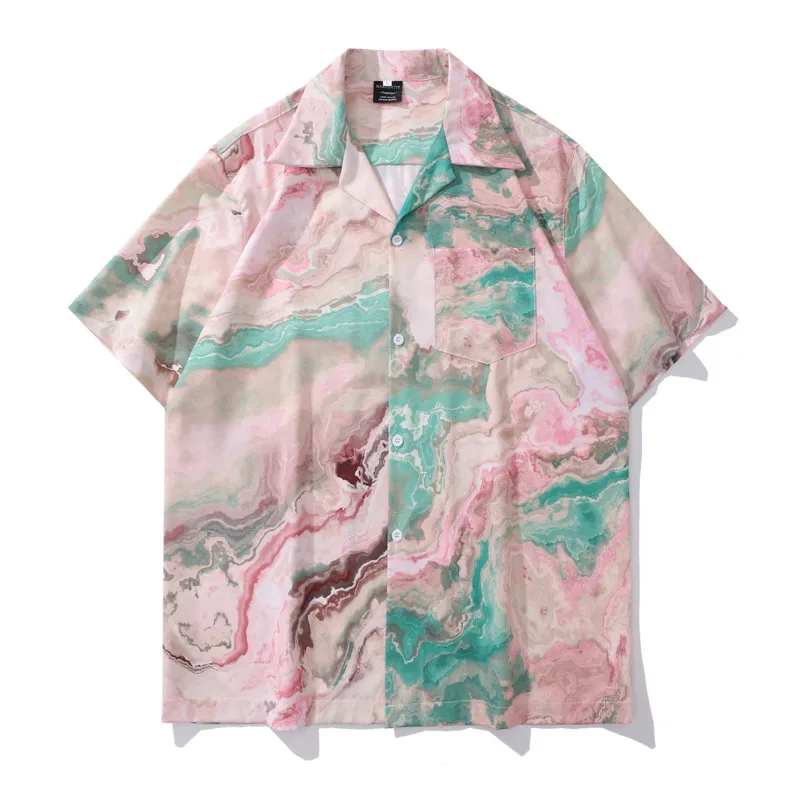 Vintage Color Blocking Print T-Shirt Men Summer Retro Collar Short Sleeved Flower Hawaii Male Beach Shirt Unisex Pullover Top