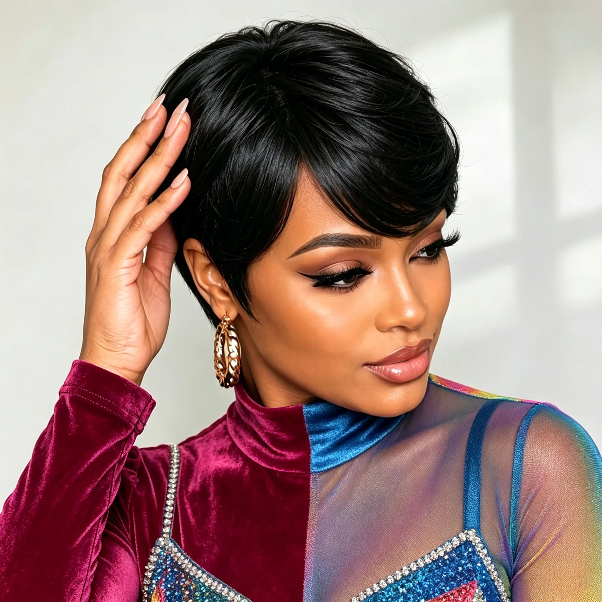Natural Black Short Pixie Cut Human Hair Wig With Bang For Women ﻿Machine-Made Wig