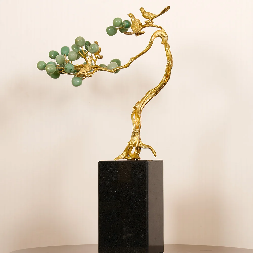 European-style Luxury Brass And Marble Ornaments With Green Agate Stone For Living Room Or Office Placement