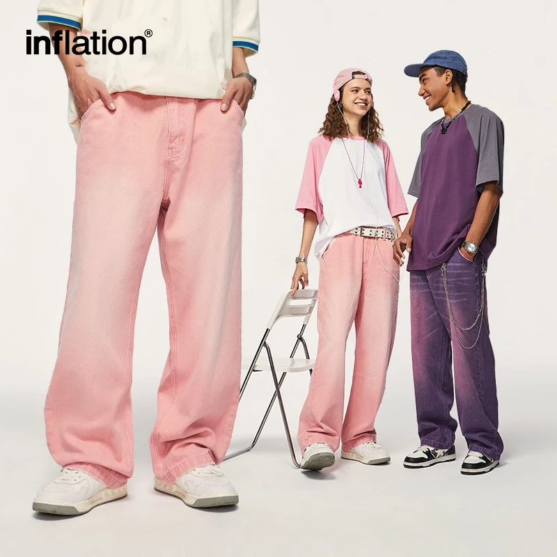 INFLATION Pink Wide Leg Jeans Unisex High Street Washed Denim Pants Mens Baggy Trousers Plus Size