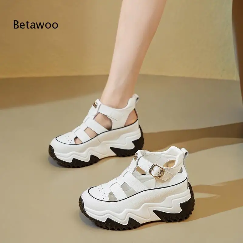 Ladies White Leather Hollow Out Platform Sandals Wave Non-Slip Serrated Outsole Back Buckle Casual Walking Sandals