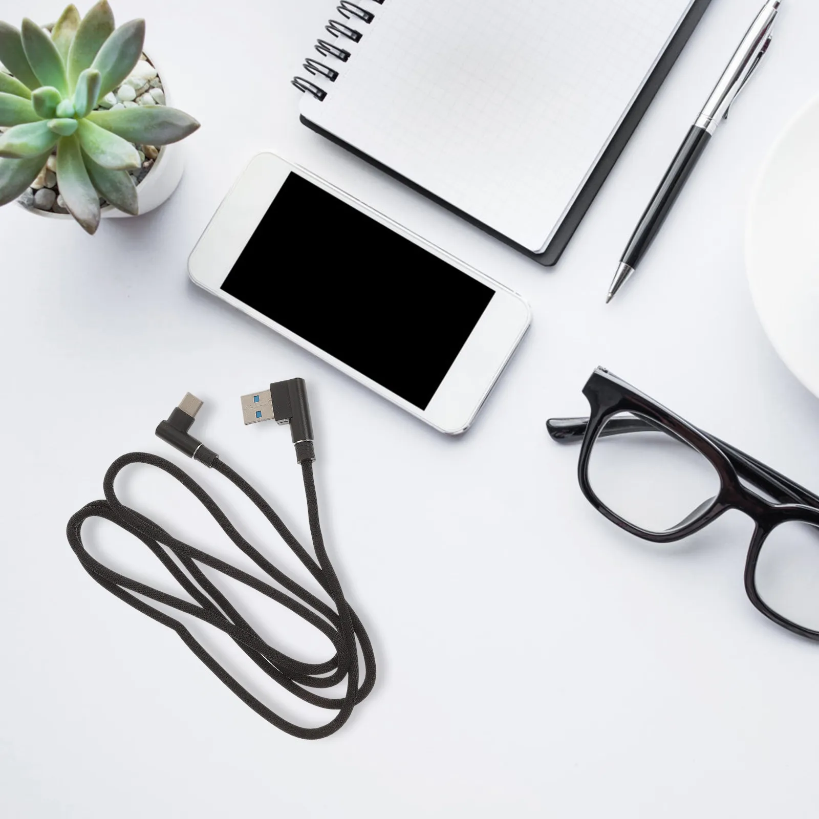 USB 2.0 Right Angle USB Type C Cable Black Nylon Braided Fast Charging Data Cord Compatible Type C Devices