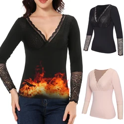 Thermal Underwear Lace V Neck Thermo Lingerie Women Winter Clothing Warm Top Inner Wear Thermal Shirt Undershirt Intimate