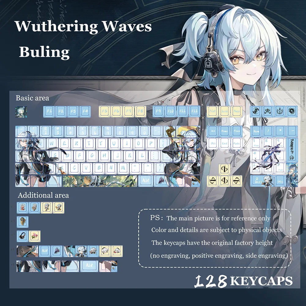 Wuthering Waves Buling Lynae PBT 128 Key Caps Cosplay Props Axis Side Engraved Mechanicale Keycaps Gaming Tabletop Supplies