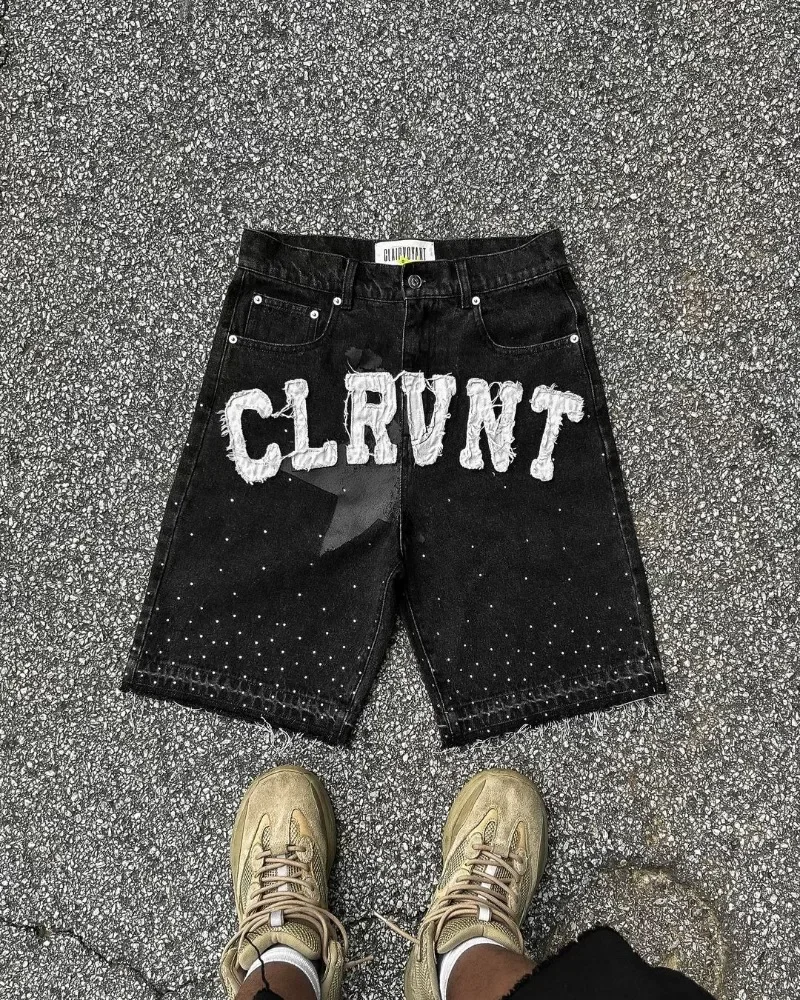 European and American Harajuku Retro Letter Embroidery Oversized Shorts Women Y2k Rock Hip-hop Gothic Punk Casual Denim Shorts