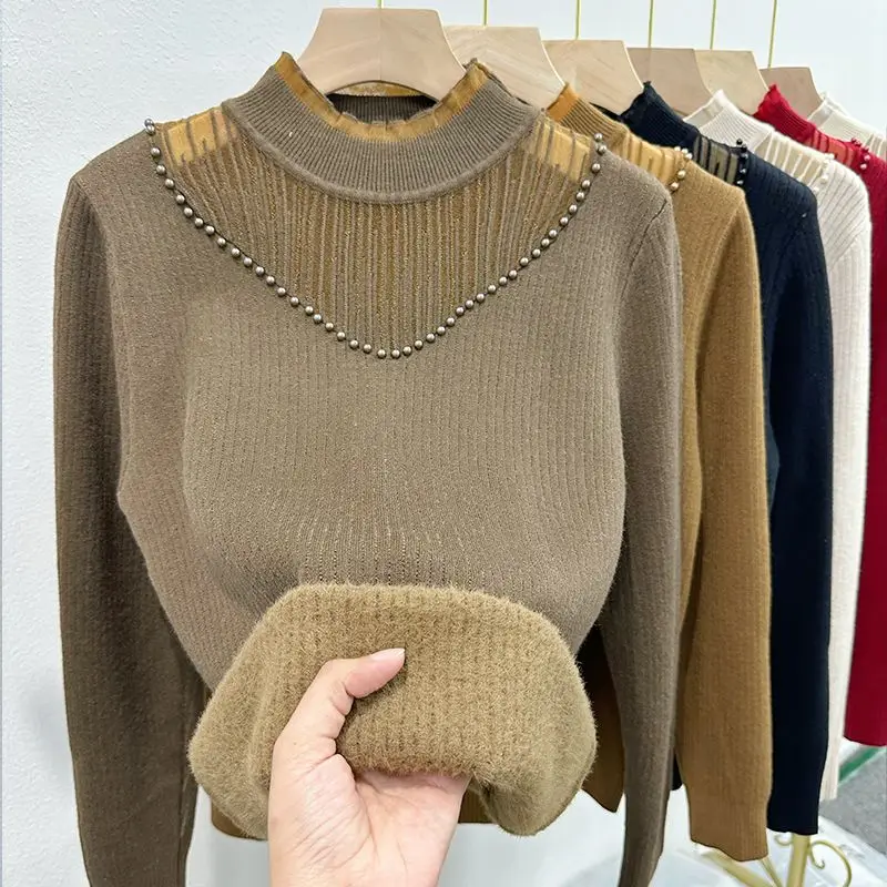 

Women Autumn Winter New Arrival Cashmere Patchwork Beading Sweater Half Turtleneck Slim Pullover Plush Thick Wool Knit Base