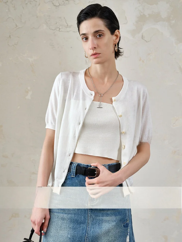 

Вязаный женский кардиган COOBLOOM с коротким рукавом, на пуговицах, летний, новый дизайн, топ, женская футболка из чистого хлопка, однотонная