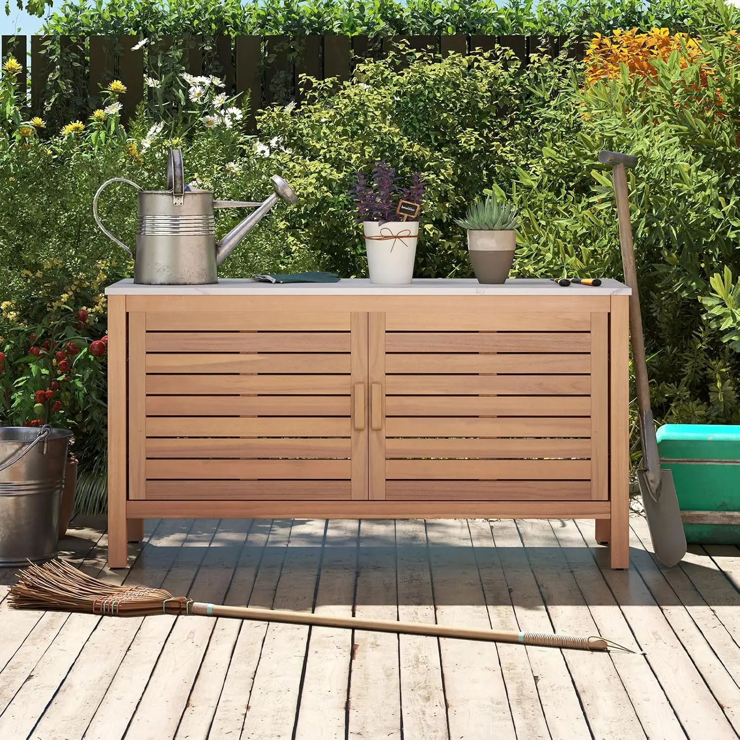 Acacia Wood Outdoor Storage Cabinet, 2-Door Console Table with Faux Marble Top for Deck Garden Patio, Customized