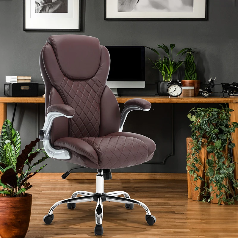 Ergonomic Office Chair With Flip-Up Armrests And Wheels, Leather Rocking Executive Office Chair, Brown  On-Site