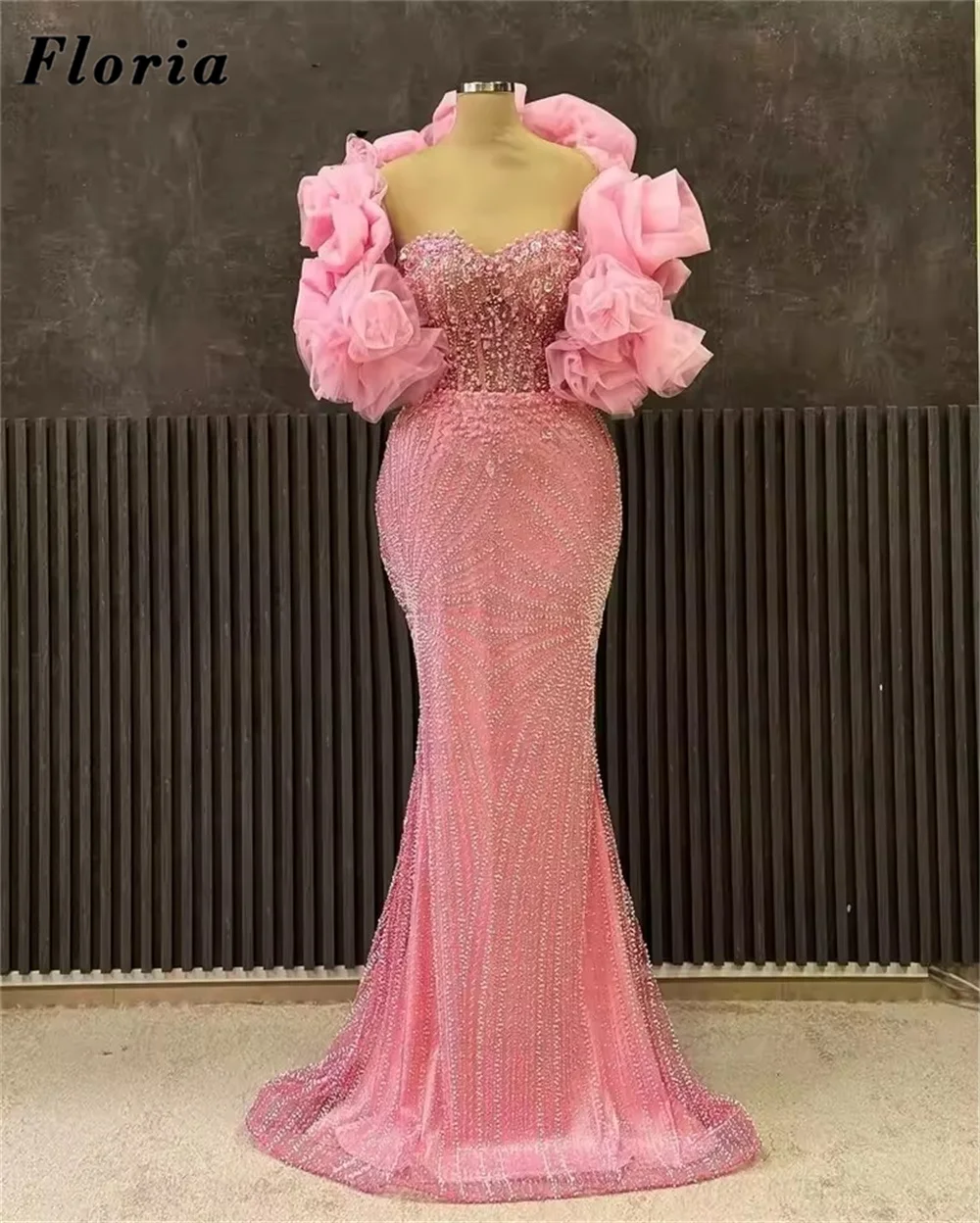 

Arabic Pink Mermaid Cocktail Dresses Elegant Beading 3D Floral Prom Dress Bridal Party Evening Gowns Robes De Soirée Customized