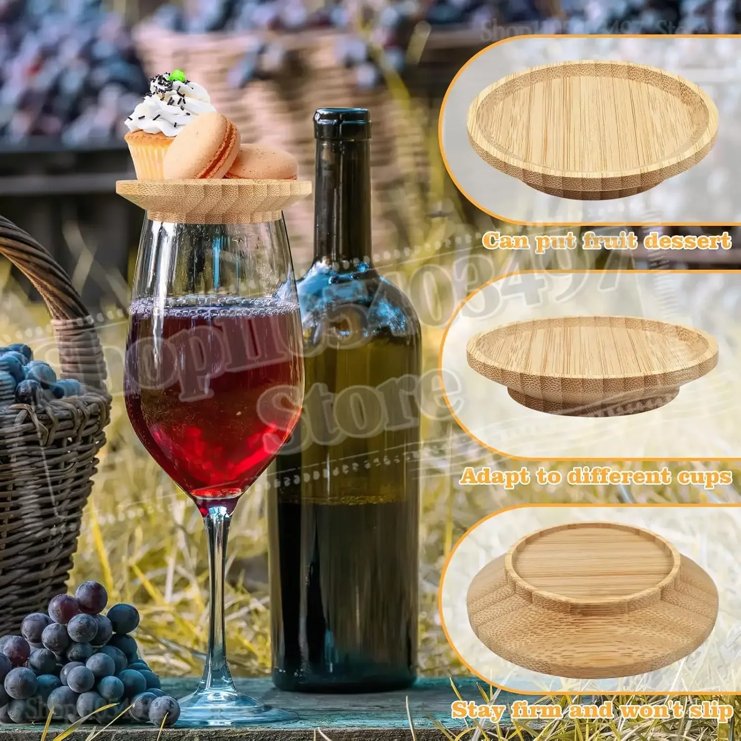 1-4Pcs Wine Glass Charcuterie Topper, Bamboo Wine Glass Covers for Appetizers Wine Glass Topper Coasters Plate for Bars Party