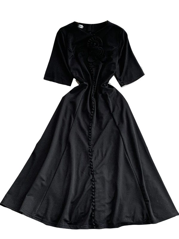 Ele round Ne Dr Women's Autumn Winter Single Button Slimming Full Skirt Long Dr French Sle High Waist A-Line Sk...