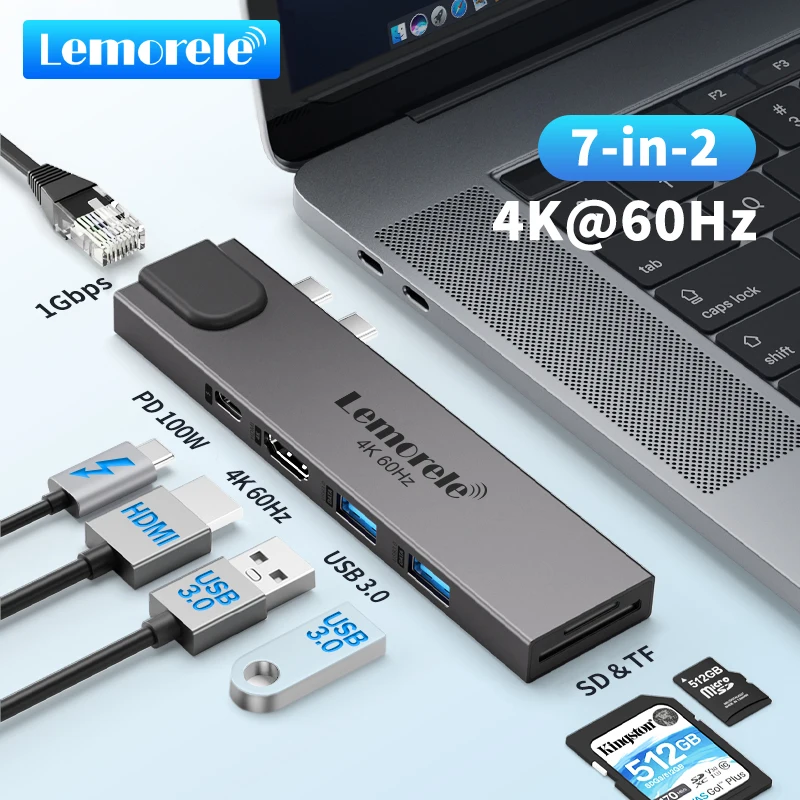 Lemorele TC47 7-in-2 USB C HUB For MacBook 4K@60Hz HDMI Wireless Type C Gigabit Docking Station Adapter 100W PD RJ45 SD/TF Slot