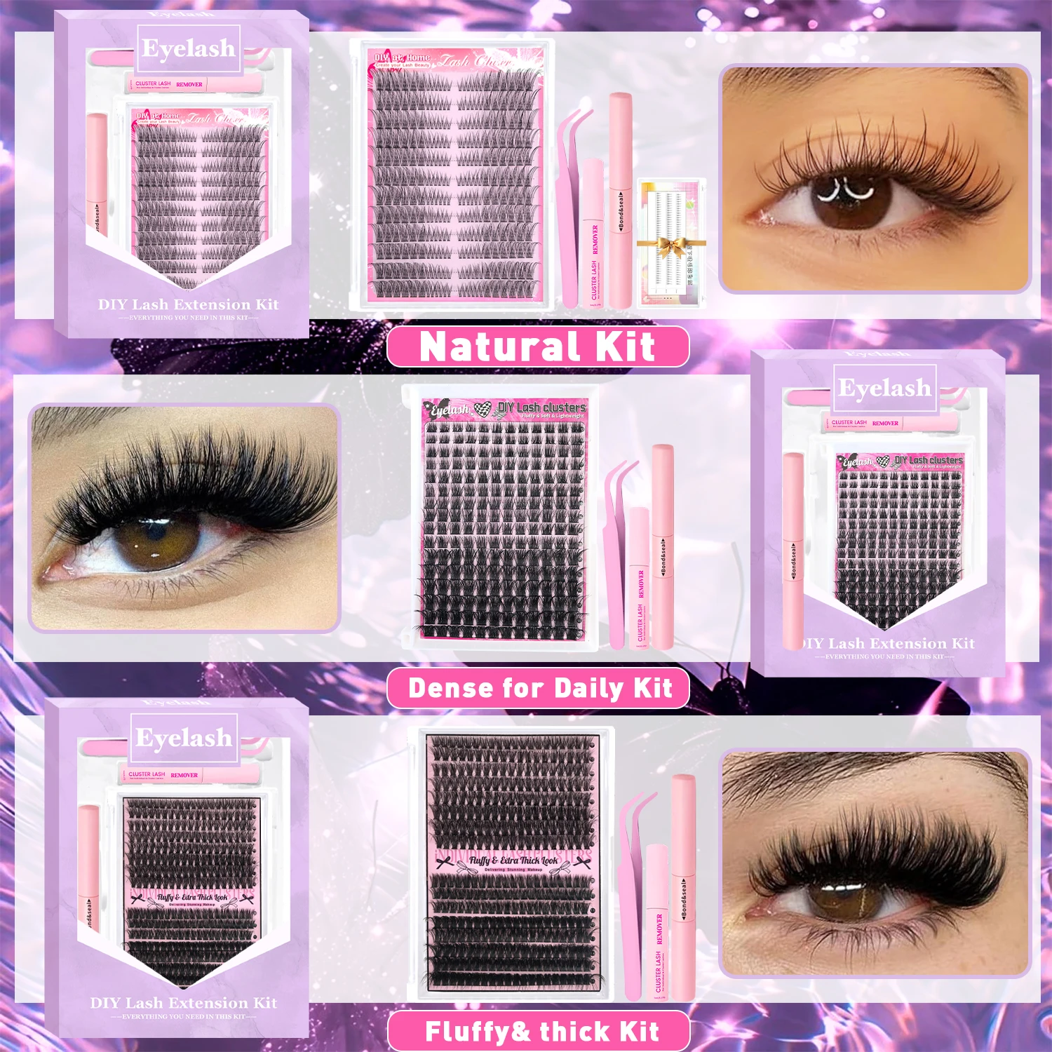 طقم وصلات الرموش الصناعية طقم رموش عنقودية فردية طبيعية يومية، رموش مانغا كثيفة، مجموعات رقيقة وسميكة لصديق المبتدئين