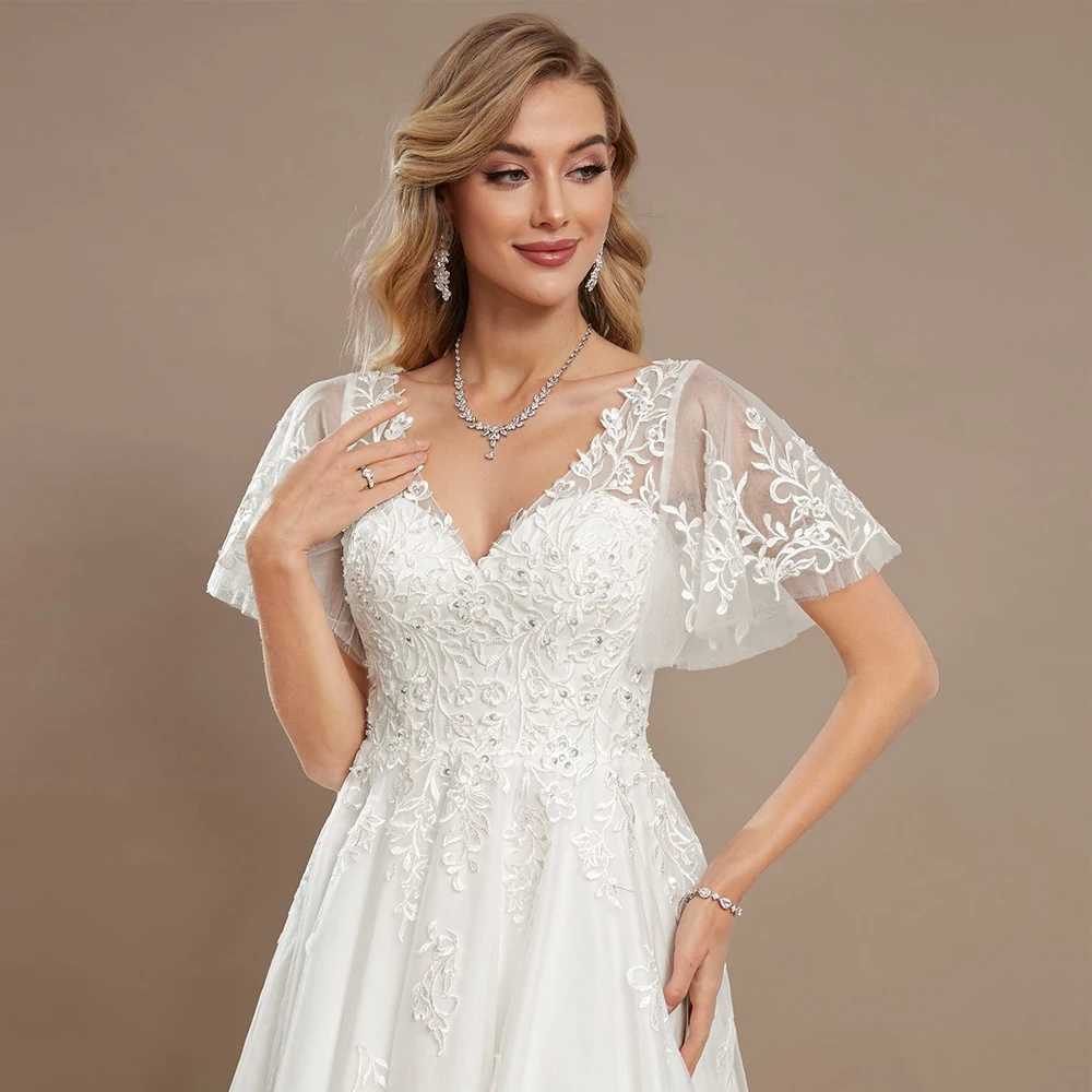 Customized Fashion V Neck Wedding Dresses Short Sleeves Bridal Grown Applique Lace Illusion Pearls Tulle A Line Vestido De Noiva