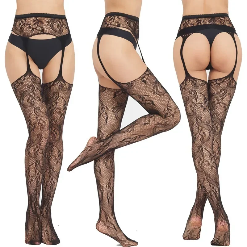 Black Mesh Stockings Sexy Underwear Jacquard Fishnet Pantyhose Transparent Tights Japanese JK Socks Women's Thigh High Stockings