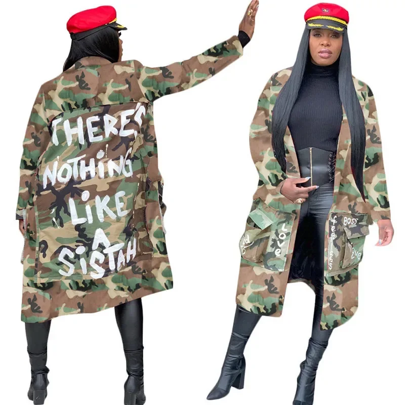 Camouflage Trench Jacket Women 2020 Plus Size Clothing Letter Print Coat Streetwear Long Style Crop Top Wholesale Dropshipping